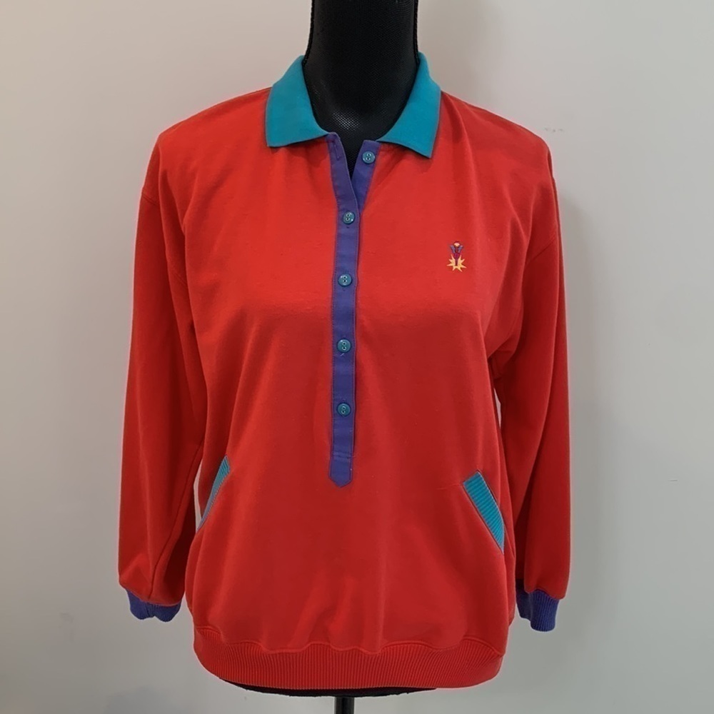 Blast 80s Colorblock Colorful Collared Popover Button up Vintage Sweatshirt Sm - Picture 2 of 8